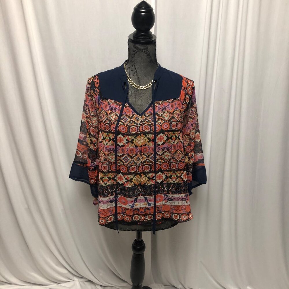Very J Top Womens Sz Small Sheer Navy Orange Red Floral Lightweight Blouse Boho